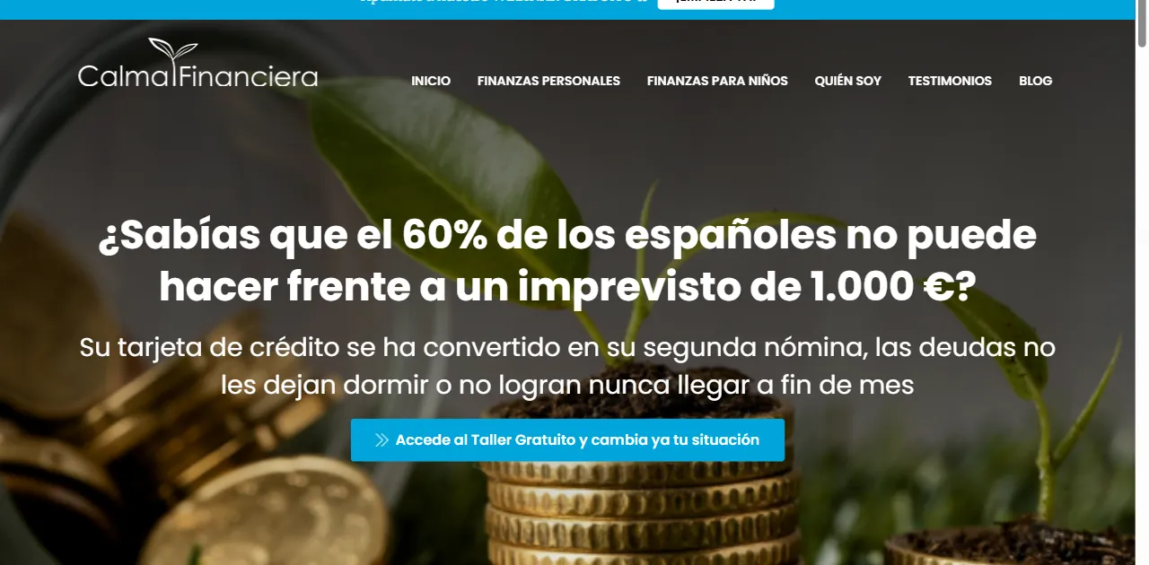 Portada de la web de Calma Financiera con el acceso a su taller gratuito
