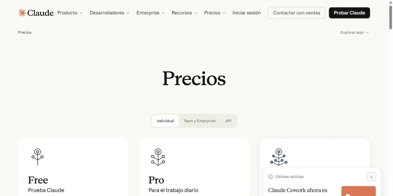 Página de precios de Claude con los planes Free y Pro