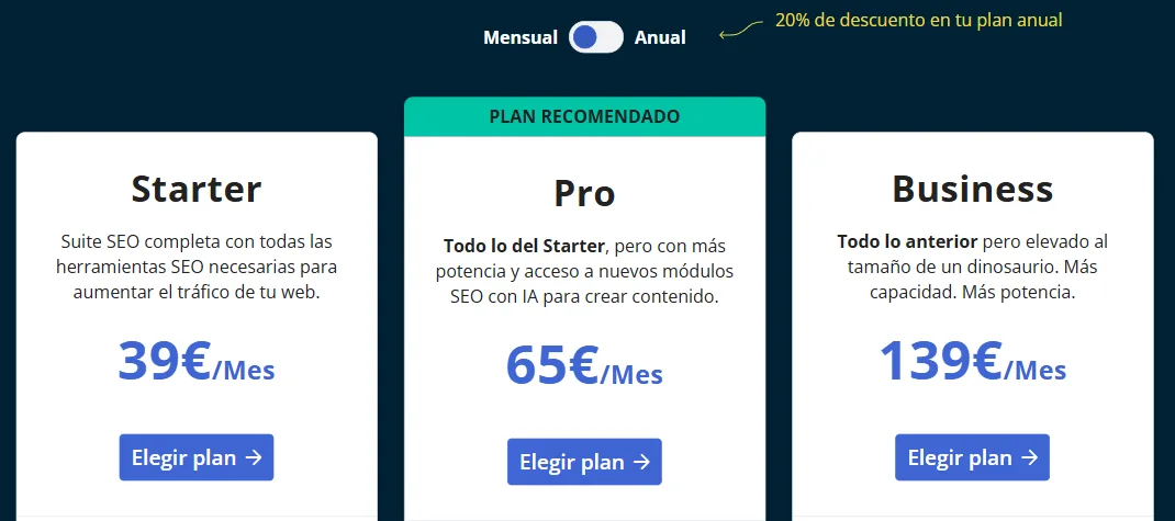 Página de precios de DinoRank: plan Starter 39 €, Pro 65 € y Business 139 € al mes, con un 20 % de descuento en el plan anual