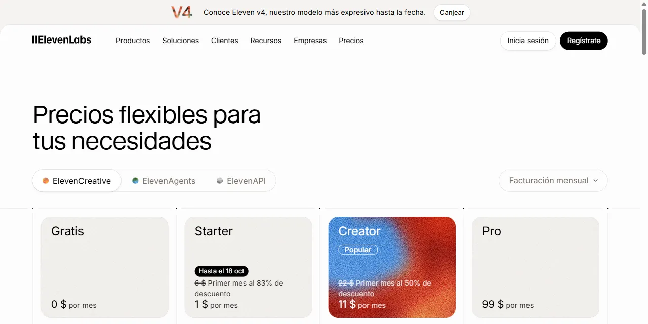 Página de precios de ElevenLabs con los planes Gratis, Starter, Creator y Pro
