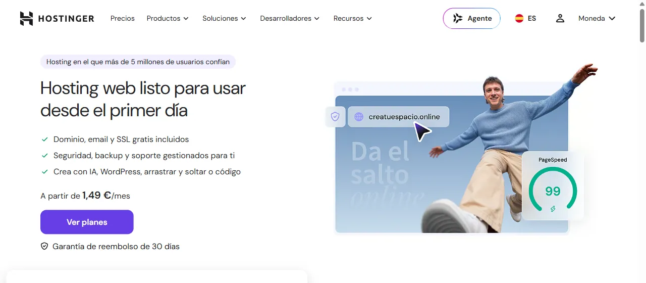 Página de hosting web de Hostinger con el precio desde 1,49 euros al mes