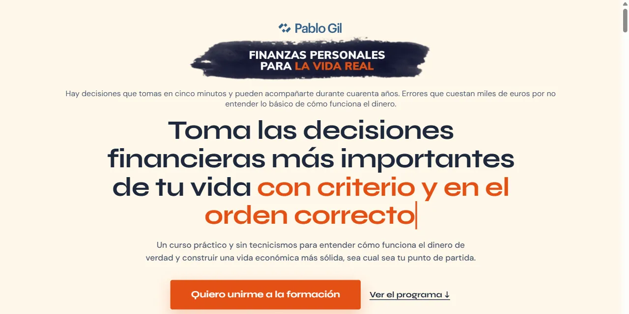 Página de inscripción de Finanzas personales para la vida real, de Pablo Gil