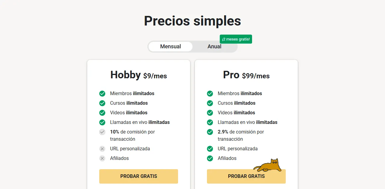 Página de precios de Skool: Hobby 9 dólares al mes y Pro 99 dólares al mes