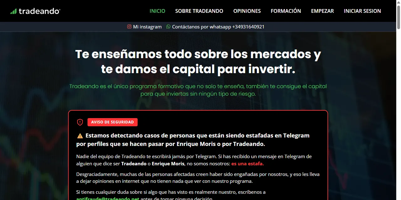 Portada de la web de Tradeando con su aviso de seguridad sobre estafas en Telegram